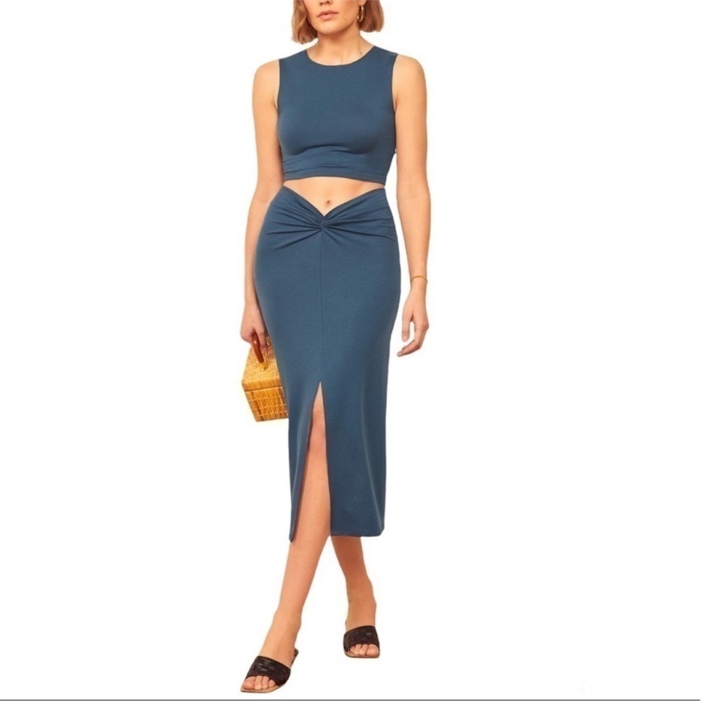 Reformation Rylan Knit Front Slit Skirt Ocean Blue Color Size XL Women’s